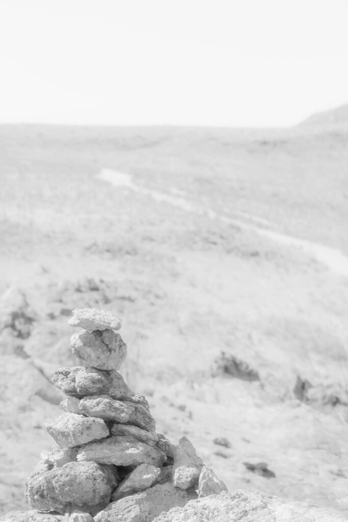 Rock cairn in the foreground beside a road winding through Big Bend State Park, with the desert landscape and mountains in the distance.